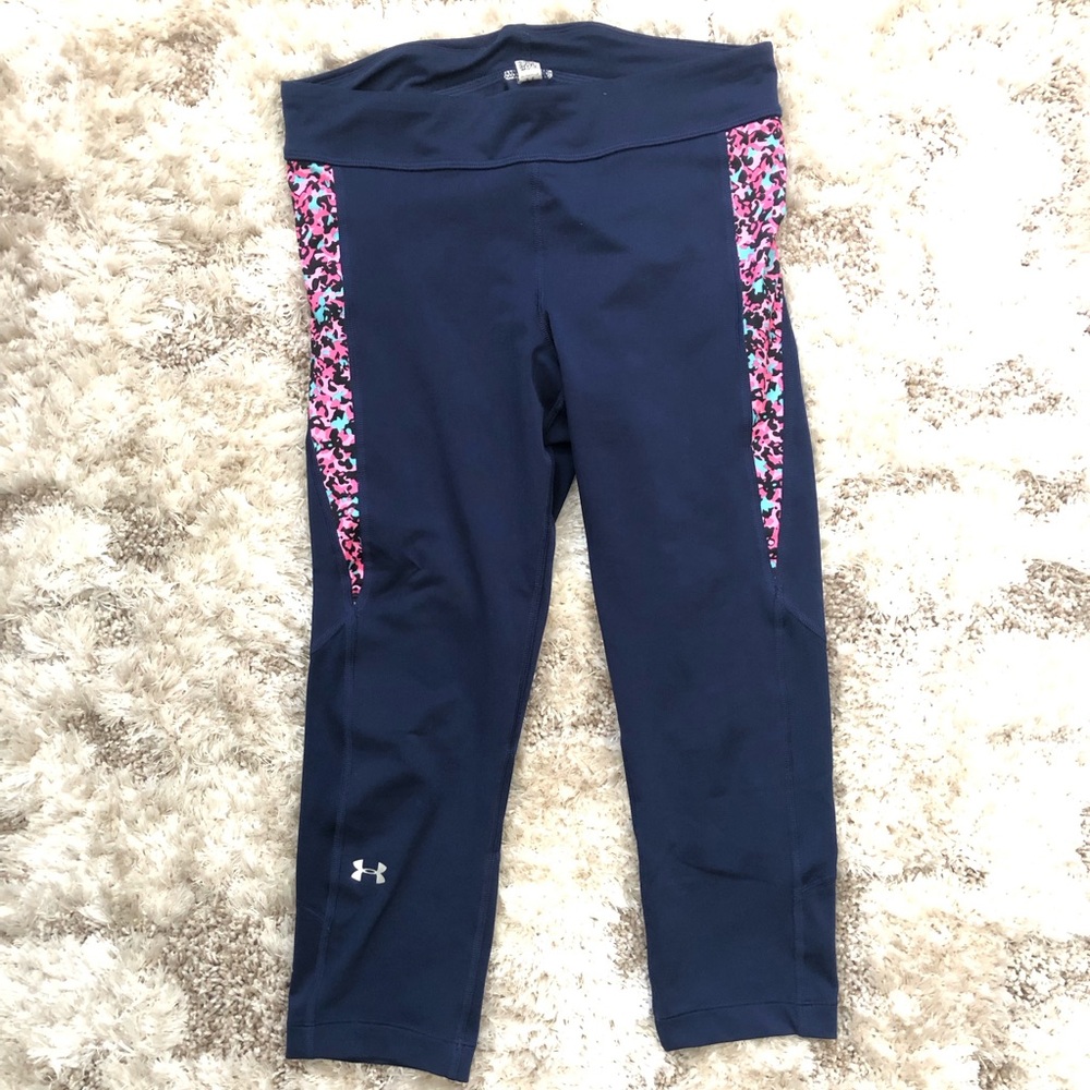 Under Armour Heatgear Inset Leggings Workout Pants, Navy Blue, M